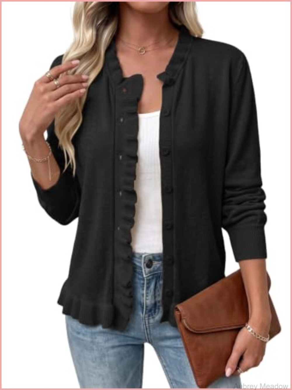 Dokotoo Womens Elegant Ruffle Trim Button Front Knit Cardigan Lightweight Long